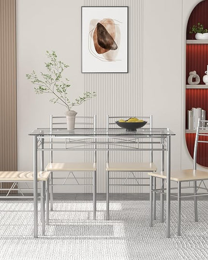 VECELO 5 Piece Dining Table Set for 4 with Chairs, Glass Tabletop, Small Space, Silver - LeafyLoom