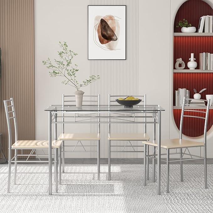 VECELO 5 Piece Dining Table Set for 4 with Chairs, Glass Tabletop, Small Space, Silver - LeafyLoom