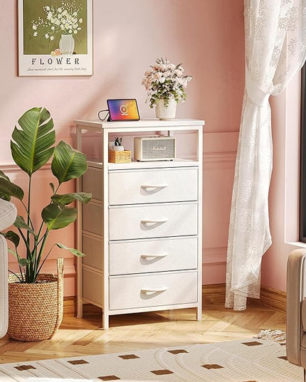 Night Stand with Charging Station, Multiple Drawer Dresser for Bedroom, Bedside Table, Tall Nightstand with PU Leather Finish, Open Shelf, End Table, for Closet, Entryway, Bedroom, White - LeafyLoom