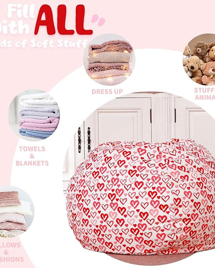Wekapo Stuffed Animal Storage Bean Bag Chair Cover for Kids | Stuffable Zipper Beanbag for Organizing Children Plush Toys Large Premium Cotton Canvas (Heart, X-Large) - LeafyLoom