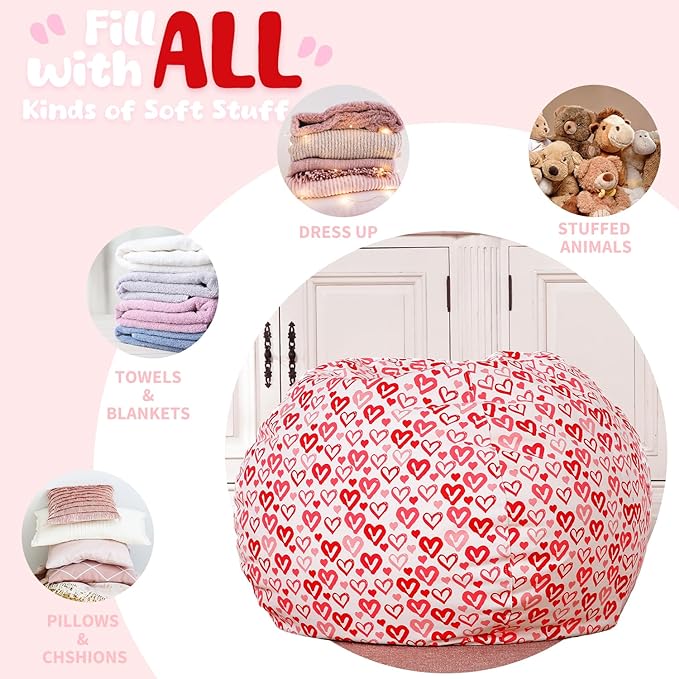 Wekapo Stuffed Animal Storage Bean Bag Chair Cover for Kids | Stuffable Zipper Beanbag for Organizing Children Plush Toys Large Premium Cotton Canvas (Heart, X-Large) - LeafyLoom