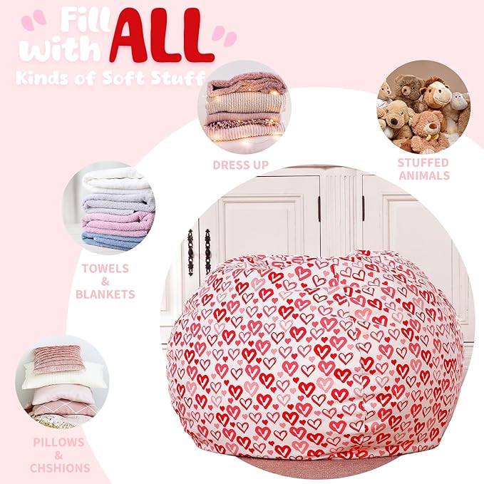 Wekapo Stuffed Animal Storage Bean Bag Chair Cover for Kids | Stuffable Zipper Beanbag for Organizing Children Plush Toys Large Premium Cotton Canvas (Heart, XX-Large) - LeafyLoom