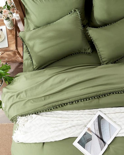 Anluoer Full Comforter Set 7 Piece, Olive Green Bed in a Bag with Sheets, Pom Pom Boho Bedding Comforter Sets with 1 Comforter, 2 Pillow Shams, 2 Pillowcases, 1 Flat Sheet, 1 Fitted Sheet - LeafyLoom