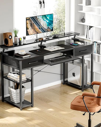 ODK Computer Desk with Drawers & Power Outlet, 55 Inch Office Desk with Keyboard Tray & Storage Shelves & PC Stand, Office Table Work Desk with Monitor Stand, Black - LeafyLoom