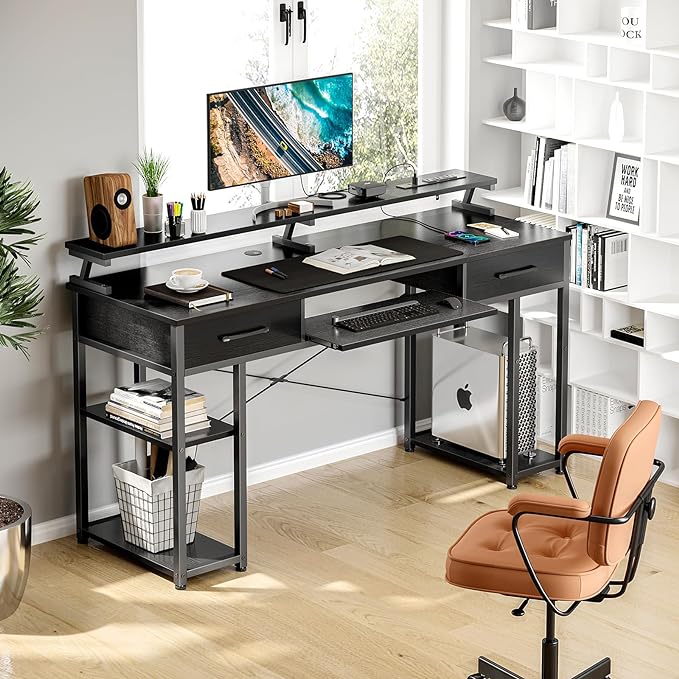 ODK Computer Desk with Drawers & Power Outlet, 55 Inch Office Desk with Keyboard Tray & Storage Shelves & PC Stand, Office Table Work Desk with Monitor Stand, Black - LeafyLoom