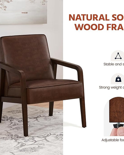 Yaheetech PU Leather Accent Chair, Mid-Century Modern Barrel Chair with Wooden Frame and Soft Thick Padded for Living Room Bedroom Home Office, Dark Brown - LeafyLoom