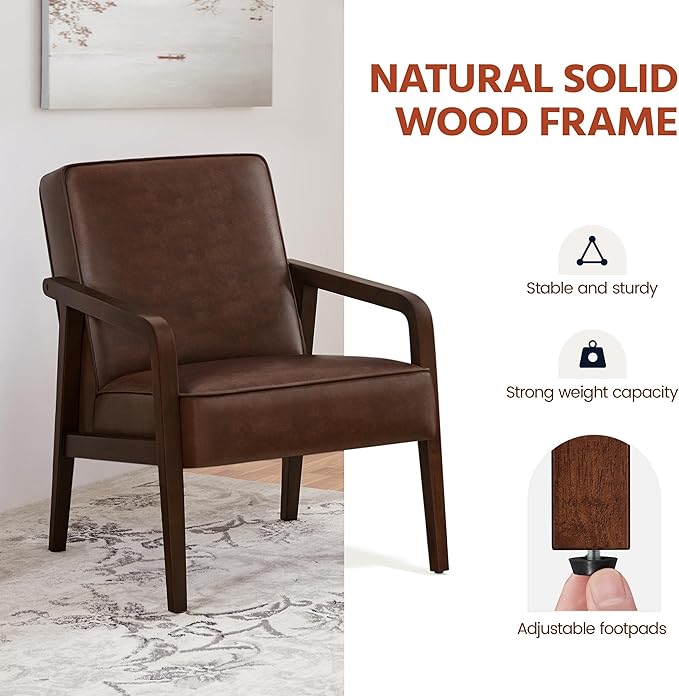 Yaheetech PU Leather Accent Chair, Mid-Century Modern Barrel Chair with Wooden Frame and Soft Thick Padded for Living Room Bedroom Home Office, Dark Brown - LeafyLoom