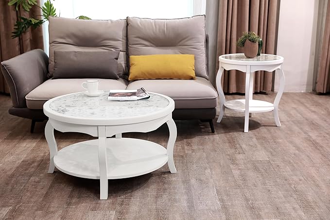 FINECASA Round White Coffee Table, 33.7x19 inches, Glass Top, Vintage Boho Design, Wood, White Patterned - LeafyLoom