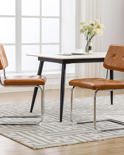 Forevich Mid Century Modern Dining Chairs Set of 2, Leather Kitchen Dining Room Side Chairs Upholstered Armless Accent Chairs with Metal Chrome Legs for Living Room, Bedroom Brown - LeafyLoom