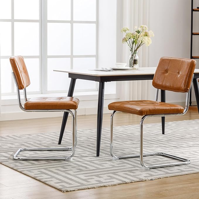 Forevich Mid Century Modern Dining Chairs Set of 2, Leather Kitchen Dining Room Side Chairs Upholstered Armless Accent Chairs with Metal Chrome Legs for Living Room, Bedroom Brown - LeafyLoom