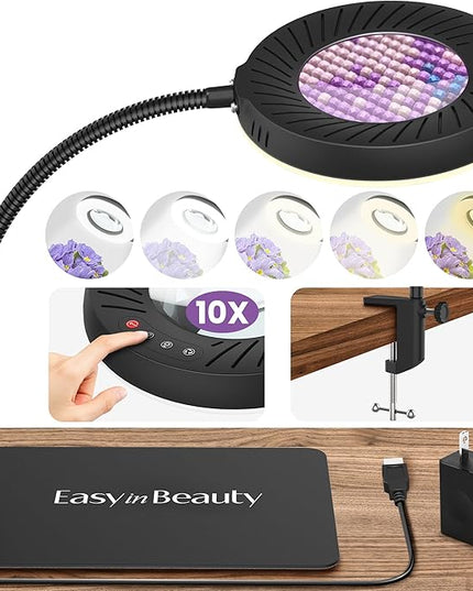 EASYINBEAUTY 10X Magnifying Glass with Light and Stand, 5 Color Modes & 9-Level Dimmable, 2-in-1 LED Magnifying Desk Lamp with Clamp, Gooseneck Magnifying Light for Crafts Hands Free, Close Work, Read - LeafyLoom