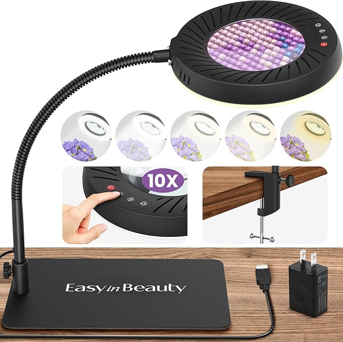 EASYINBEAUTY 10X Magnifying Glass with Light and Stand, 5 Color Modes & 9-Level Dimmable, 2-in-1 LED Magnifying Desk Lamp with Clamp, Gooseneck Magnifying Light for Crafts Hands Free, Close Work, Read - LeafyLoom
