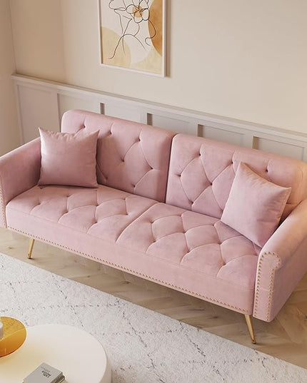Button Tufted Upholstered Convertible Folding Sleeper Sofa Bed Futon Loveseat Couch Recliner Daybed with Adjustable and Nailhead Trim for Living Room, Bedroom, Pink 69.7" - LeafyLoom