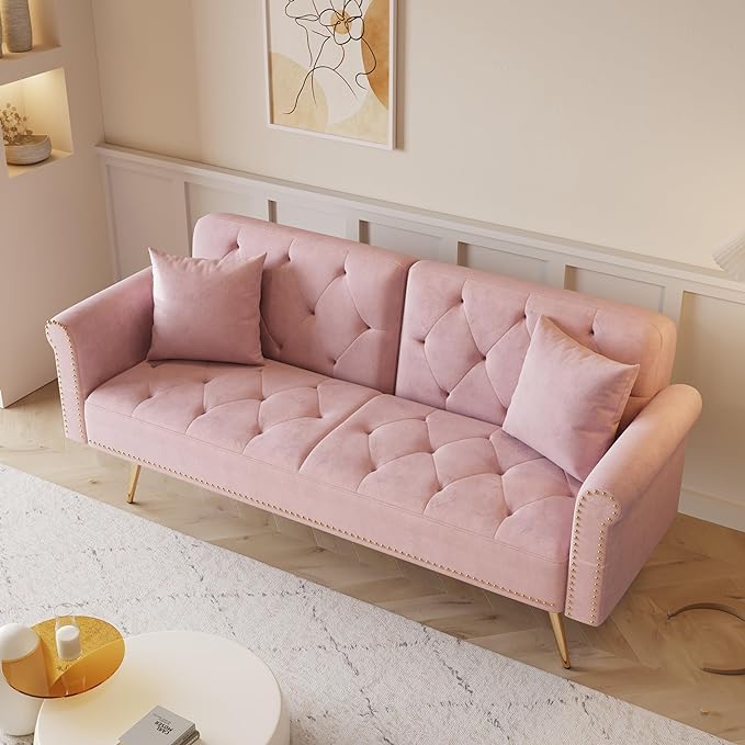 Button Tufted Upholstered Convertible Folding Sleeper Sofa Bed Futon Loveseat Couch Recliner Daybed with Adjustable and Nailhead Trim for Living Room, Bedroom, Pink 69.7" - LeafyLoom
