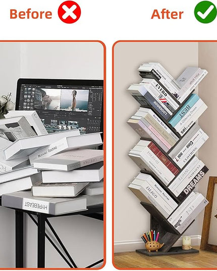 10 Tier Tree Book Shelf, Floor Standing Wood Bookshelf for Narrow Space, Storage Organizer Bookshelves for Books/CDs/Magazine, Bookcase with Shelves for Home Office, Living Room - Light Grey - LeafyLoom