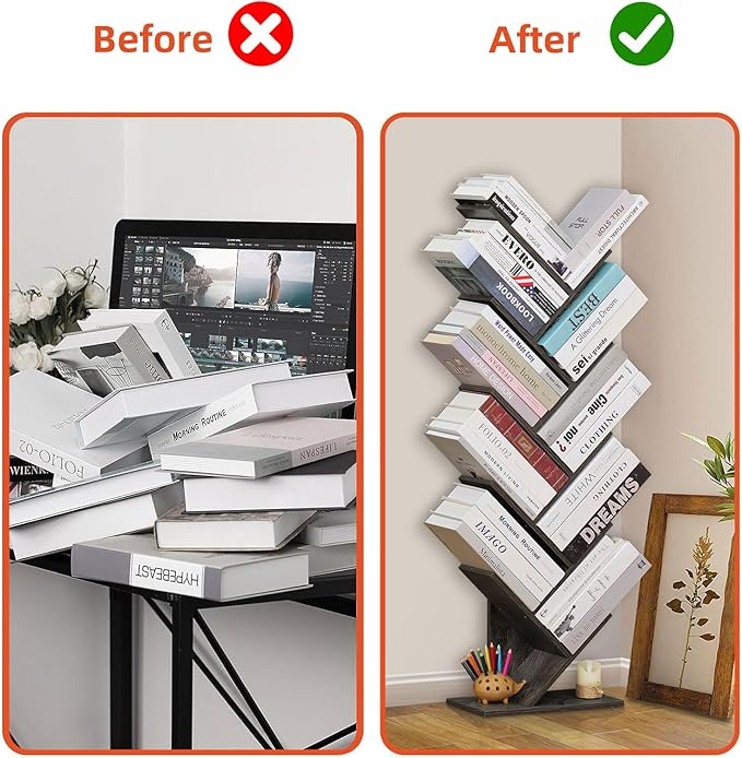 10 Tier Tree Book Shelf, Floor Standing Wood Bookshelf for Narrow Space, Storage Organizer Bookshelves for Books/CDs/Magazine, Bookcase with Shelves for Home Office, Living Room - Light Grey - LeafyLoom