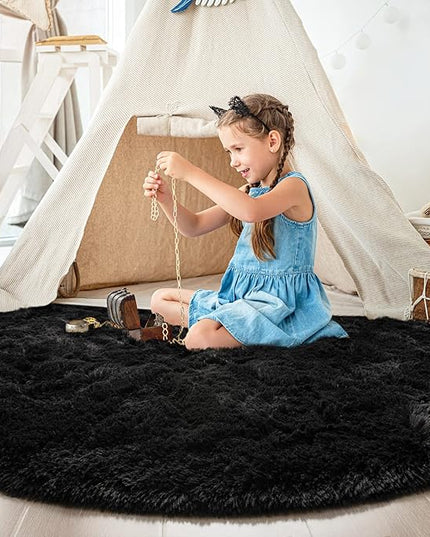 Black Round Rug for Bedroom, Super Fluffy Circle Rugs for Baby Nursery, 5'X5' Feet Furry Carpet for Children Kids Room, Cute Soft Shaggy Rug for Girls Home Decor, Fuzzy Plush Carpets for Dorm - LeafyLoom