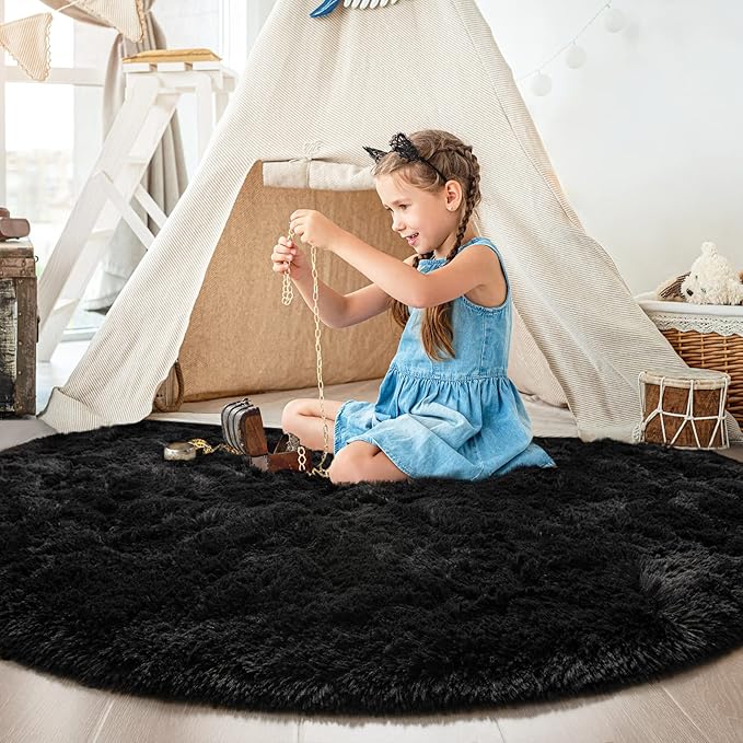 Black Round Rug for Bedroom, Super Fluffy Circle Rugs for Baby Nursery, 5'X5' Feet Furry Carpet for Children Kids Room, Cute Soft Shaggy Rug for Girls Home Decor, Fuzzy Plush Carpets for Dorm - LeafyLoom