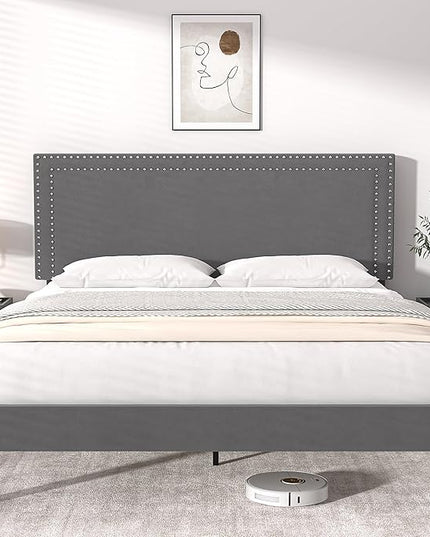 VECELO Queen Size Platform Bed Frame with Height Adjustable Upholstered Headboard, Modern Mattress Foundation,Strong Wood Slat Support, No Box Spring Needed, Easy Assembly - LeafyLoom