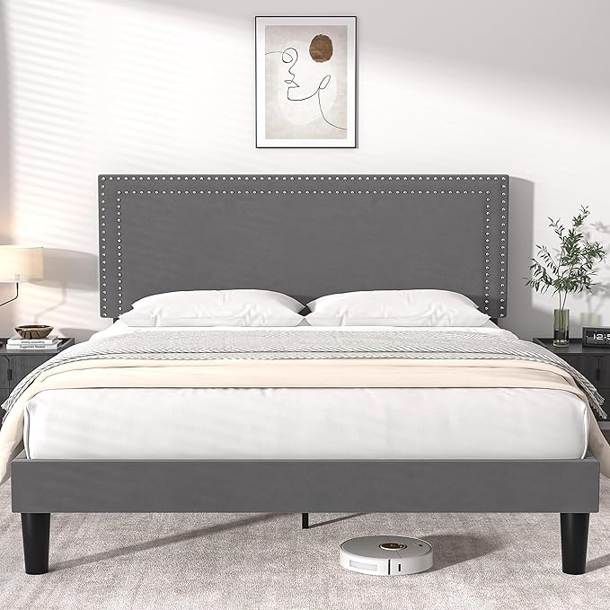 VECELO Queen Size Platform Bed Frame with Height Adjustable Upholstered Headboard, Modern Mattress Foundation,Strong Wood Slat Support, No Box Spring Needed, Easy Assembly - LeafyLoom