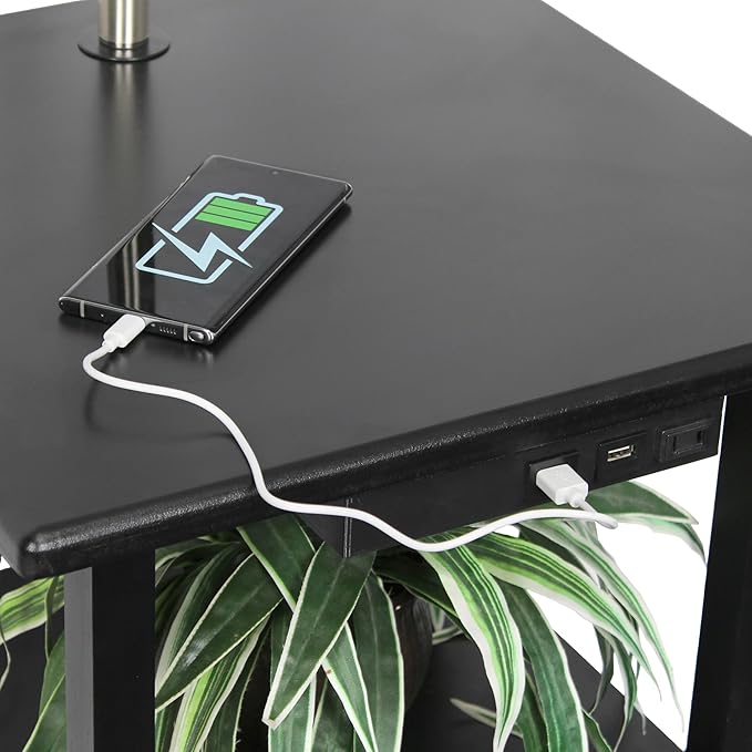 Simple Designs LF2016-BLK 57" Modern 2 Tier End Table Floor Lamp Combination with 2 x USB Charging Ports & Power Outlet with White Drum Fabric Shade for Bedroom, Living Room, Office, Black - LeafyLoom