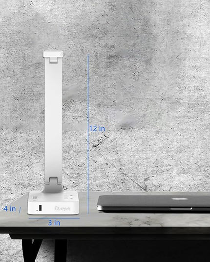 Drevet LED Desk Lamp, Desk Light with 1 USB Charging Port and 2 AC Power Outlet, 3 Lighting Modes, 3 Level Brightness,1H Timer, Touch Control, Eye-Caring Home Office Foldable Table Lamp (White) - LeafyLoom
