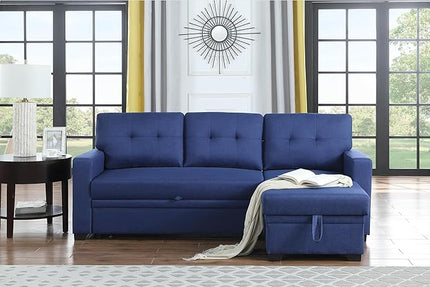 Sectional Sofa with Tufted Seat & Back Cushion,Solid Wood Frame Dsign, Linen Reversible w/Storage Chaise and Pull-Out Sleeper for Home, Small Space Apartment, 82 Inch, Blue - LeafyLoom