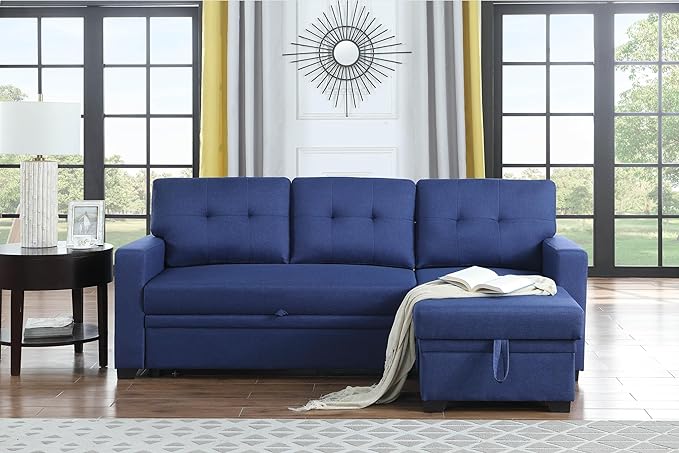 Sectional Sofa with Tufted Seat & Back Cushion,Solid Wood Frame Dsign, Linen Reversible w/Storage Chaise and Pull-Out Sleeper for Home, Small Space Apartment, 82 Inch, Blue - LeafyLoom