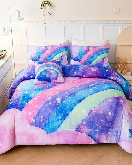 Tie Dye Blue Teens Comforter Set Queen for Girls, 3D Rainbow Gradient Glitter Bed in A Bag, 6 Pieces Twinkle Nebula Comforter Kids Bedding Set for All Season - LeafyLoom
