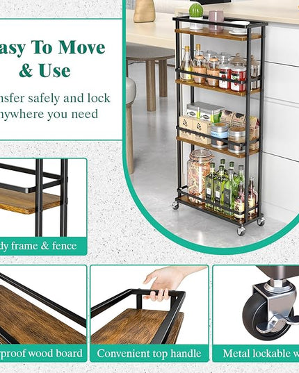Slim Storage Cart 4 Tier Narrow Kitchen Rolling Cart on Wheels for Small Space, Mobile Spice Rack Seasoning Organizer Utility Serving Cart for Kitchen Bathroom Laundry, Brown - LeafyLoom