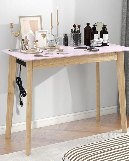 TaoHFE Pink Vanity Table with Rubber Wood Legs Small Spaces Girl Vanity Desk Glossy Pink 39 Inch Makeup Desk with USB Dressing Table No Mirror Computer Desk for Home Modern Vanity Desk for Bedroom - LeafyLoom
