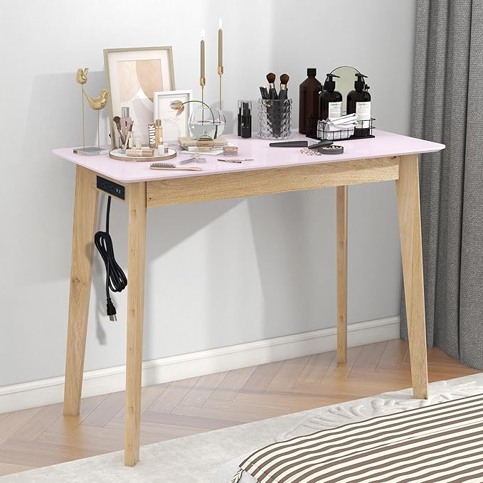 TaoHFE Pink Vanity Table with Rubber Wood Legs Small Spaces Girl Vanity Desk Glossy Pink 39 Inch Makeup Desk with USB Dressing Table No Mirror Computer Desk for Home Modern Vanity Desk for Bedroom - LeafyLoom