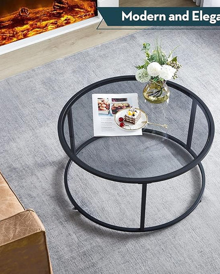 SAYGOER Round Coffee table Glass Coffee Tables for Small Space Simple Modern Center Table for Living Room Home Office, Sofa Side Table with Metal Steel Frame, Easy Assembly, Gray Black - LeafyLoom