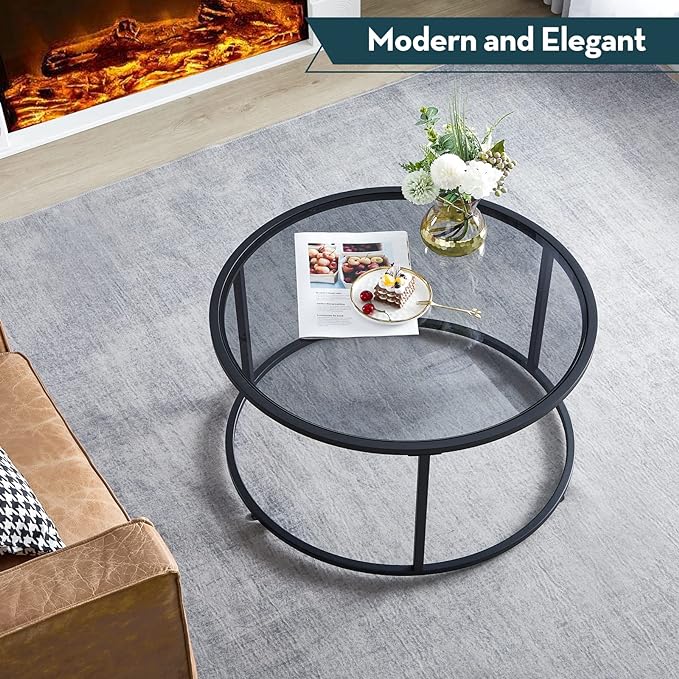 SAYGOER Round Coffee table Glass Coffee Tables for Small Space Simple Modern Center Table for Living Room Home Office, Sofa Side Table with Metal Steel Frame, Easy Assembly, Gray Black - LeafyLoom