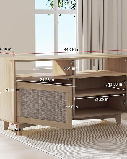 SRIWATANA TV Stand for Televisions up to 55 Inch, Wooden TV Cabinet with 2 Rattan Doors, Entertainment Center with Storage, Media Furniture for Living Room, Bedroom, Oak - LeafyLoom