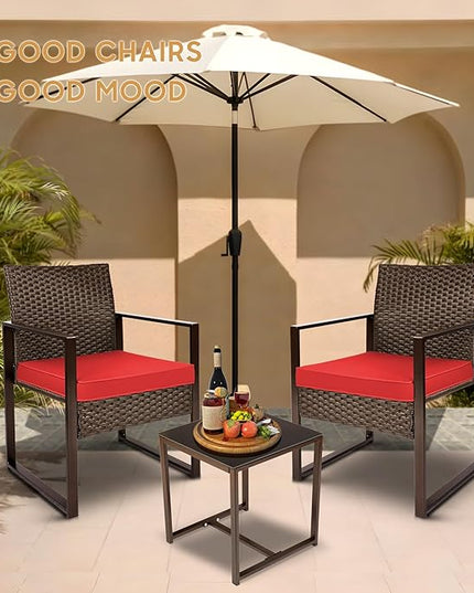 YIYAN 3 Pieces Outdoor Furniture Set Patio Rattan Wicker Chairs & teatable,Lawn Garden Balcony Backyard,with Washable Cushion (Red) - LeafyLoom