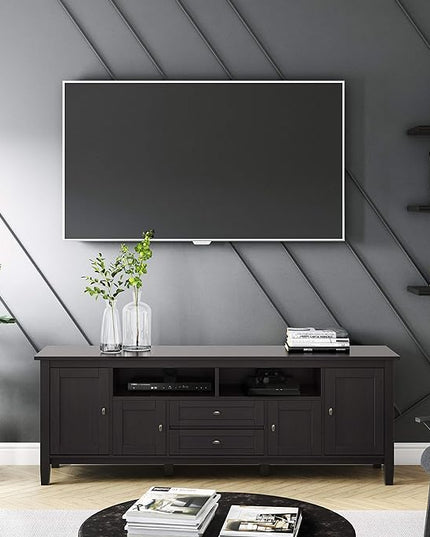 SIMPLIHOME Warm Shaker SOLID WOOD 72 Inch Wide Universal TV Media Stand Transitional with Storage, For Flat Screen TVs up to 80 Inches in Hickory Brown, For the Living Room Entertainment Center - LeafyLoom