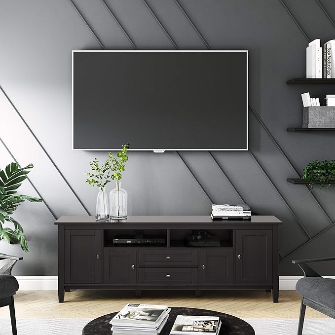SIMPLIHOME Warm Shaker SOLID WOOD 72 Inch Wide Universal TV Media Stand Transitional with Storage, For Flat Screen TVs up to 80 Inches in Hickory Brown, For the Living Room Entertainment Center - LeafyLoom