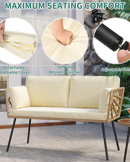 YITAHOME Wicker Outdoor Loveseat, All-Weather Patio Sofa for Balcony, Backyard, Pool, Porch, Deck, Outdoor Sectional Furniture Set with Table & Cushions - Beige - LeafyLoom