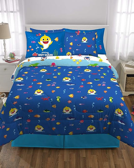 Franco Kids Bedding Super Soft Comforter and Sheet Set with Sham, 7 Piece Full Size, Baby Shark - LeafyLoom