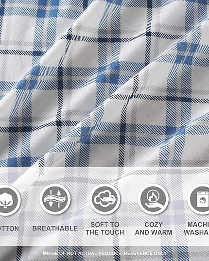 Comfort Spaces Cotton Flannel Breathable Warm Deep Pocket Sheets with Pillow Case Bedding, Cal King, Blue Plaid 4 Piece - LeafyLoom
