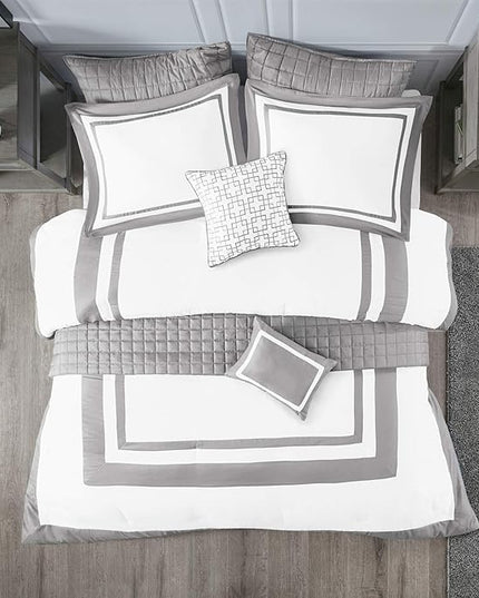 Madison Park Heritage Comforter Quilt Combo Set - Modern Luxury Design, All Season Down Alternative Bedding, Matching Shams, Decorative Pillows, King/Cal King(104"x92"), Color Block Grey 8 Piece - LeafyLoom