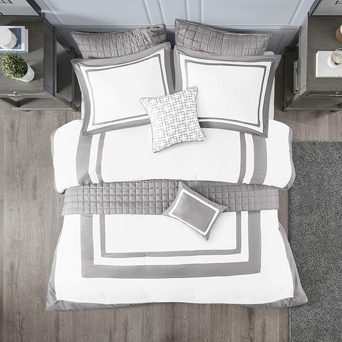Madison Park Heritage Comforter Quilt Combo Set - Modern Luxury Design, All Season Down Alternative Bedding, Matching Shams, Decorative Pillows, King/Cal King(104"x92"), Color Block Grey 8 Piece - LeafyLoom