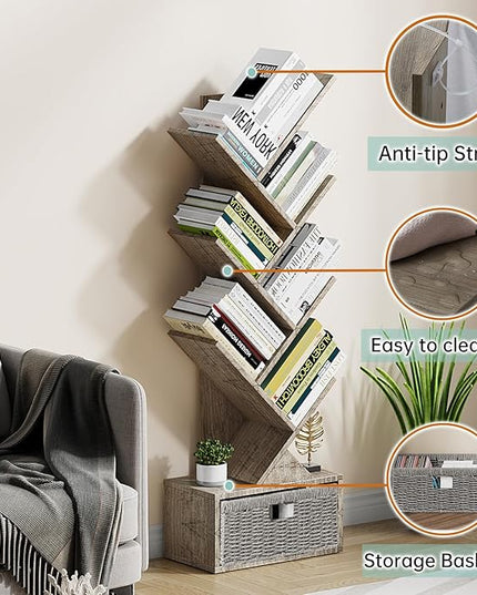 Vagusicc 6 Tier Tree Bookshelf, Modern Floor Standing Bookcase with Storage Drawer, Tall Wood Book Storage Rack for CDs/Books, Utility Book Organizer Shelves for Bedroom/Living Room/Home Office/Corner - LeafyLoom