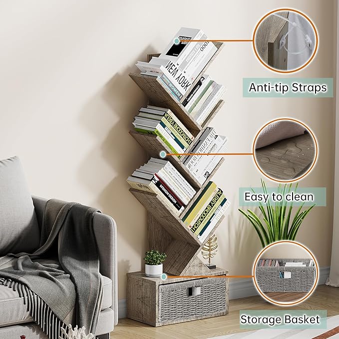 Vagusicc 6 Tier Tree Bookshelf, Modern Floor Standing Bookcase with Storage Drawer, Tall Wood Book Storage Rack for CDs/Books, Utility Book Organizer Shelves for Bedroom/Living Room/Home Office/Corner - LeafyLoom