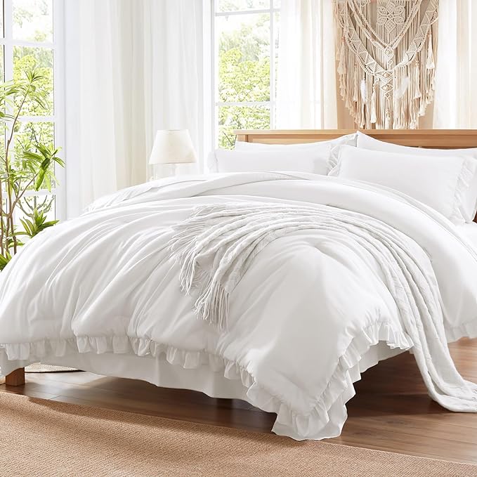 Anluoer Queen Comforter Set 7 Piece, White Bed in a Bag with Sheets, All Season Ruffle Shabby Chic Bedding Sets with 1 Comforter, 2 Pillow Shams, 2 Pillowcases, 1 Flat Sheet, 1 Fitted Sheet - LeafyLoom