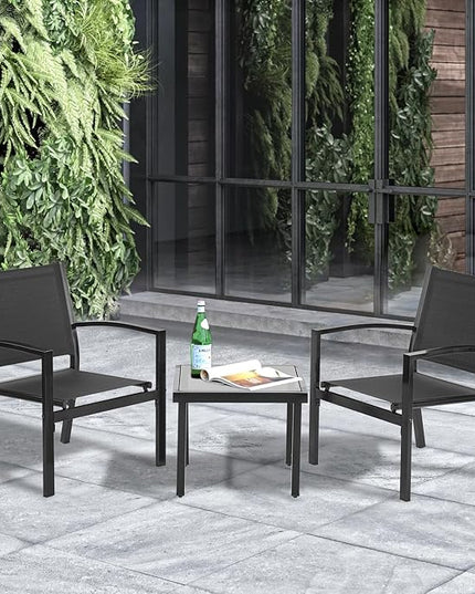 FDW 3 Pieces Patio Furniture Set, Outdoor Garden Patio Conversation Sets with Glass Top Table & 2 Lawn Chairs Outdoor Bistro Set, for Backyard Lawn Porch Garden Poolside Balcony - LeafyLoom