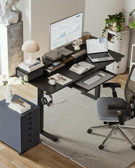 Electric Standing Desk with 2 Drawers and Keyboard Tray, 55 x 24 Inches Ergonomic Adjustable Height Desk with Storage, Sit Stand up Desk Computer Workstation, Black - LeafyLoom