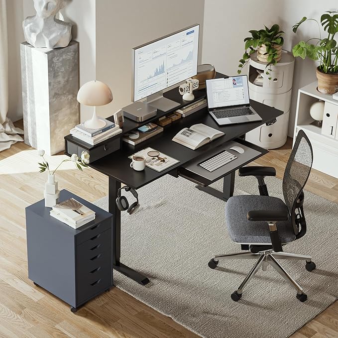 Electric Standing Desk with 2 Drawers and Keyboard Tray, 55 x 24 Inches Ergonomic Adjustable Height Desk with Storage, Sit Stand up Desk Computer Workstation, Black - LeafyLoom