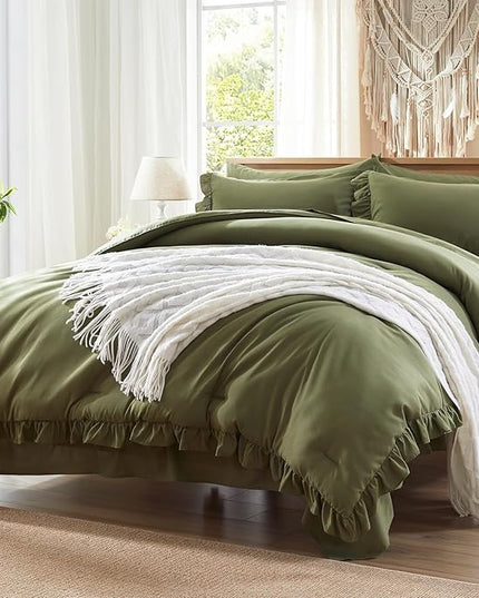 Anluoer Full Comforter Set 7 Piece, Olive Green Bed in a Bag with Sheets, All Season Ruffle Shabby Chic Bedding Sets with 1 Comforter, 2 Pillow Shams, 2 Pillowcases, 1 Flat Sheet, 1 Fitted Sheet - LeafyLoom